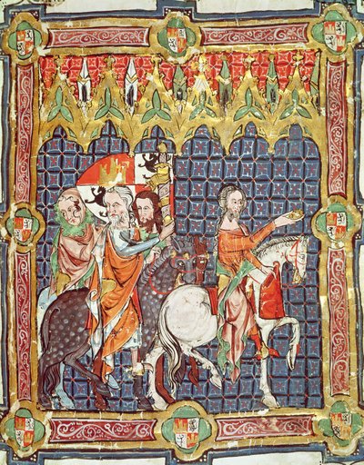 Alfonso VII (1105-57) y su esposa, Berenguela de Barcelona, llevados a encontrarse con el arzobispo, de un manuscrito que representa las coronaciones de los Reyes de Aragón y Castilla de Spanish School