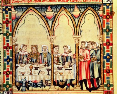 Fol.16v Banquete de compromiso, del manuscrito hecho bajo la dirección de Alfonso X El Sabio, Rey de Castilla y León de Spanish School