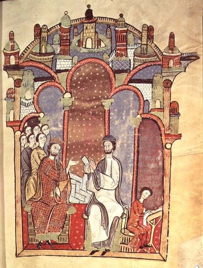 Fol.1r Escena de corte con escribas, del Liber feudorum maior de Spanish School