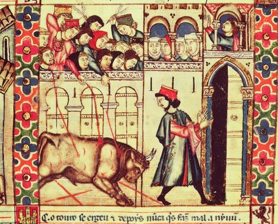 Fol.200r Muerte de un toro en el ruedo, del manuscrito realizado bajo la dirección de Alfonso X El Sabio, Rey de Castilla y León de Spanish School
