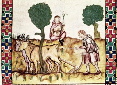 Fol.237r Un agricultor enseñando a su hijo a arar un campo de Spanish School