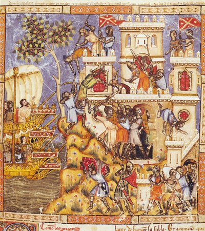 Fol.30r El desembarco de los griegos, el asedio del castillo de Tenedos y la muerte de los defensores, del Códice Benito Santa Mora de Spanish School