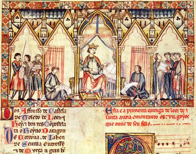 La corte de Alfonso X (1221-84) el Sabio, rey de Castilla y León, miniatura de las Cantigas de Santa María de Spanish School
