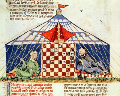 Dos árabes jugando al ajedrez en una tienda, del Libro de Juegos, Ajedrez, Dados y Tableros, 1282 de Spanish School