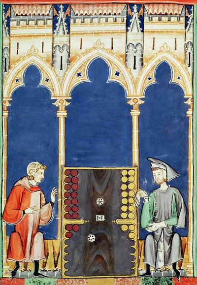 Fol.85v Dos jugadores de backgammon, del Libro de juegos, ajedrez, dados y tableros, 1282 de Spanish School