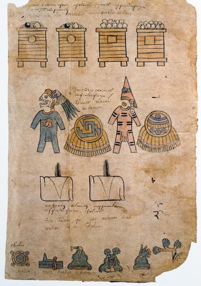 Folio 45 Página del Códice Mendoza con ilustraciones del tributo pagado al imperio azteca por los pueblos conquistados, c.1541-42 de Spanish School