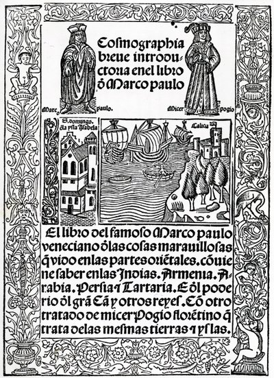 Frontispicio a la primera versión castellana de Los Viajes de Marco Polo, traducida por Rodrigo de Santaella, publicada en 1503 de Spanish School