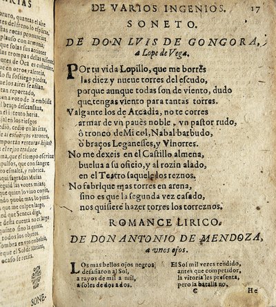 GOGOORA Y ARGOTE, Luis de (1561-1627). Poeta español del Siglo de Oro; VEGA CARPIO, Félix Lope de (1562-1635). Soneto a Lope de Vega", poema incluido en "Poesías varias de grandes ingenios españoles", recopilación realizada por Ios de Spanish School
