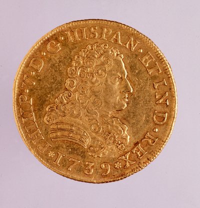 Moneda de oro (8 ecu) de España: reinado de Felipe V (1700-1746) 1739 Diam. 3.6 cm Nápoles, museo arqueológico de Spanish School