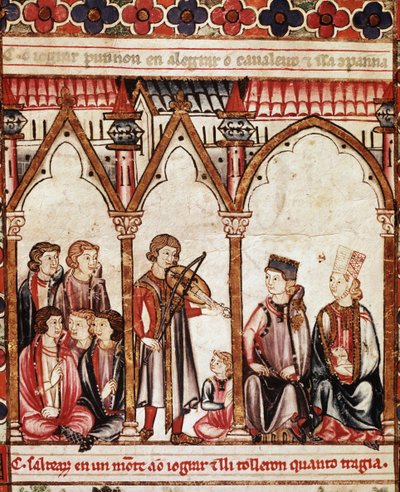 Grupo de trovadores, ilustración de "Cantigas de Santa María", realizada bajo la dirección de Alfonso X ("El Sabio") Rey de Castilla y León (1221-84) - La Corte del Rey y los Músicos. Miniatura de un manuscrito del Cantar de Santa María de Spanish School