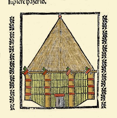 Hábitat: descripción de la cabaña de los indígenas caribes. Grabado del libro “Historia general de las Indias, islas y tierra firme del mar océano” de Gonzalo Fernández de Oviedo (1478-1557) de Spanish School