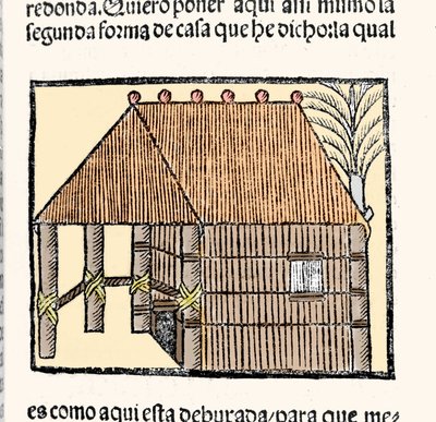 Hábitat: descripción de la choza de los indios. Grabado del libro “Historia general de las Indias, islas y tierra firme del mar océano” de Gonzalo Fernández de Oviedo (1478-1557) de Spanish School