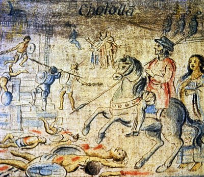 Hernán Cortés cabalga sobre los muertos tras la batalla de Cholula con Doña Marina, su amante e intérprete caminando detrás (litografía en color) de Spanish School