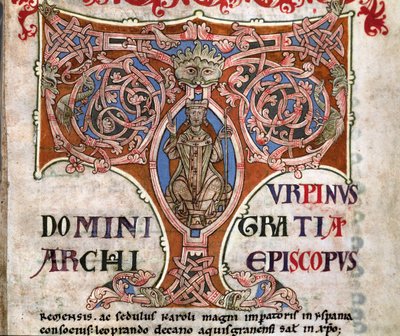 Inicial T con una representación de Carlomagno, ilustración del Codex Calixtinus, c.1140 de Spanish School