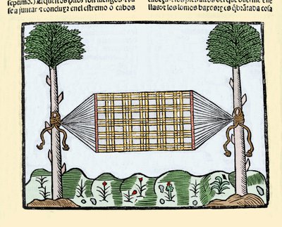 Invención de la hamaca: esta invención revolucionó la vida de los marineros a bordo de los barcos. Dormían antes en la cubierta mojada. Grabado del libro "Historia general de las Indias, islas y tierra firme del mar océano" de Gonzalo Fernández de Oviedo de Spanish School