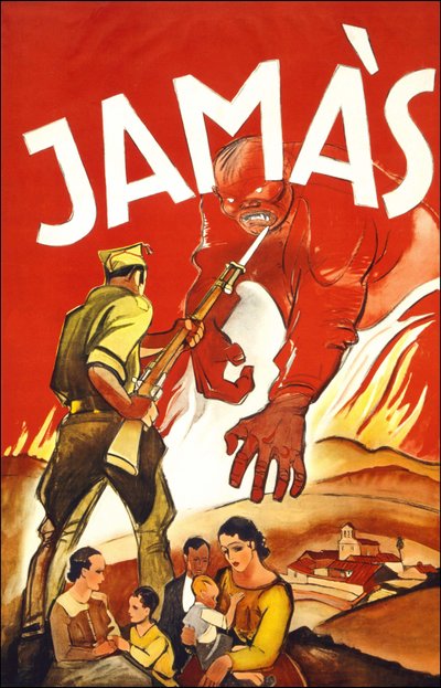 Jamás (Nunca), cartel publicado durante la Guerra Civil Española mostrando a un soldado que protege a familias españolas. Entre 1936 y 1939 de Spanish School