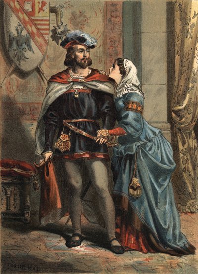 Juana de España conocida como La Loca (1479-1555), Reina de Castilla y su esposo Felipe el Hermoso (1478-1506) rey de España y archiduque de Austria en “El Culto de la Hermosura” por Juan Justo Huguet, Molinas Hermanos editores de Spanish School