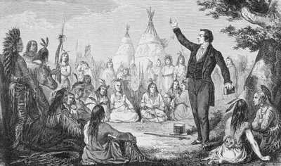 Joseph Smith, fundador de la Iglesia Mormona, predicando a los indios, de 
