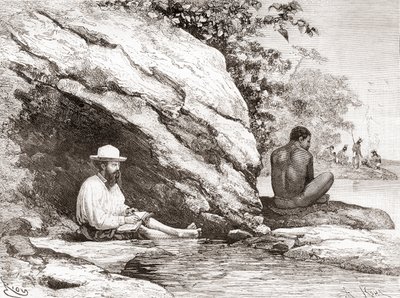 Jules Crevaux, durante su exploración de la Guayana Francesa en 1878, a la sombra de una roca en las orillas del río Oyapock o Oiapoque de Spanish School