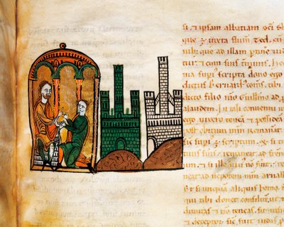 El Rey Alfonso II de Aragón recibiendo a un cortesano, del manuscrito "Liber Feudorum Maior" de Spanish School