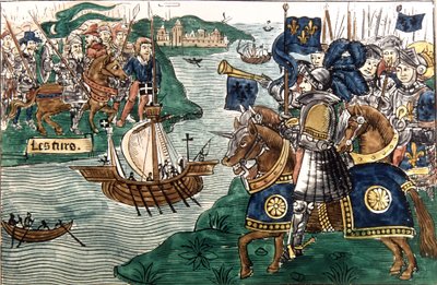 El rey Luis IX (1214-70) y los cruzados llegando a Cartago en 1270 (vitela) de Spanish School