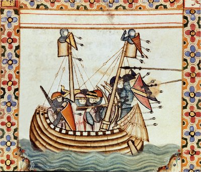 Los cruzados en camino para sitiar una fortaleza sarracena. Detalle de una página de un manuscrito del Cantar de Santa María (Cantigas de Santa Maria) de Spanish School
