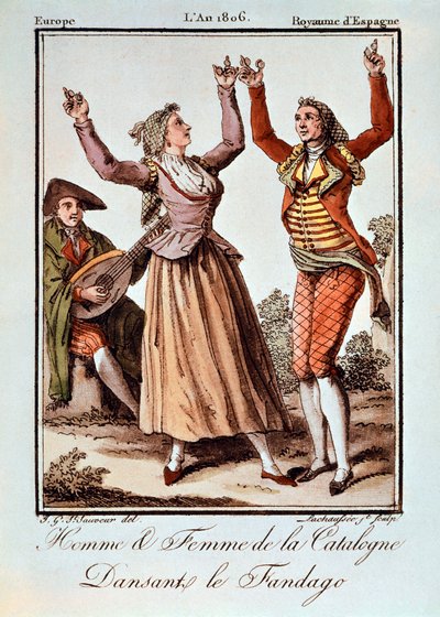 Hombre y mujer de Cataluña bailando el Fandango, Europa, Reino de España de Spanish School