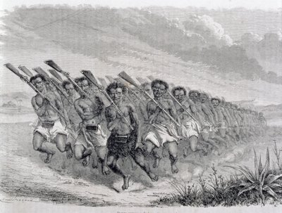 Guerreros maoríes realizando una danza de guerra, ilustración de 