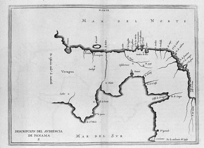 Mapa de América Central (Panamá) de un volumen español de viajes de principios del siglo XVII. El mapa está orientado al modo antiguo (noreste a este) y el Océano Atlántico se llama Mar del Norte y el Pacífico Mar del Sur de Spanish School