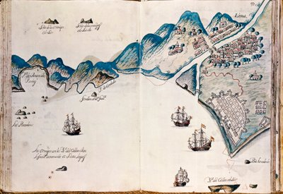 Mapa de parte de Nueva España, la costa de Perú y la ciudad de Lima, de "Mapas de las costas de América en el mar del Sur, desde la última población de españoles en ellas, que es la ciudad de Compostela, en adelante" de Spanish School