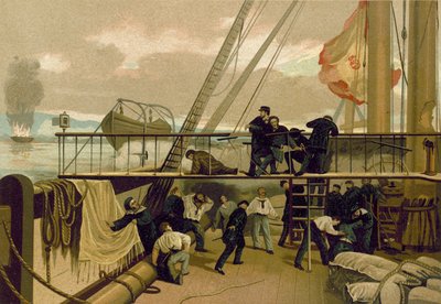 Méndez Núñez herido durante el bombardeo de Callao, Perú, 1866 de Spanish School