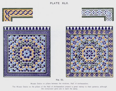 Dados de mosaico en pilares entre las ventanas, Salón de Embajadores de Spanish School