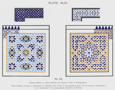 Dados de mosaico en pilares entre las ventanas, Sala de los Embajadores de Spanish School