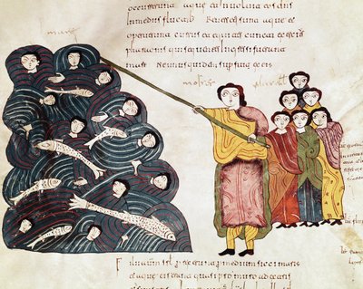 Moisés, después de cruzar el Mar Rojo con el pueblo de Israel, vio ahogarse a los egipcios. Miniatura de una Biblia mozárabe. Siglo X. León. Biblioteca de la Real Colegiata de San Isidoro. de Spanish School