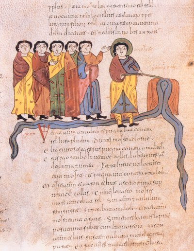 Moisés hace brotar agua de las rocas en Horeb, Éxodo 17:1-7, de la Biblia Visigótica-Mozárabe de San Isidoro, fol.40v., A.D. 960 de Spanish School