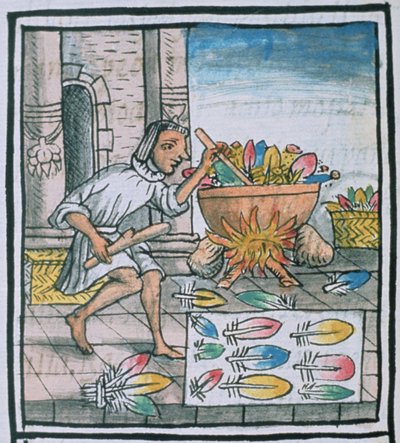 Ms Palat. 218-220 Artesanos aztecas tiñendo plumas, del 