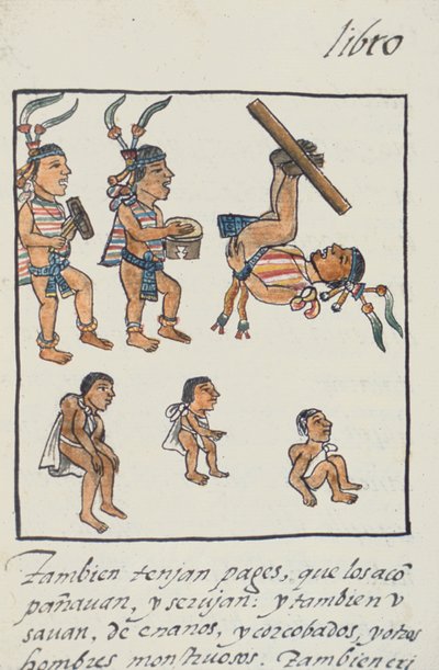 Ms Palat. 218-220 Libro IX Entretenedores aztecas, músicos, malabaristas y jorobados, del Códice Florentino por Bernardino de Sahagún, c.1540-85 de Spanish School