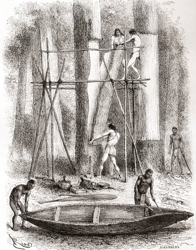 Indios nativos construyendo una canoa en las orillas del río Oyapock u Oiapoque, América del Sur de Spanish School