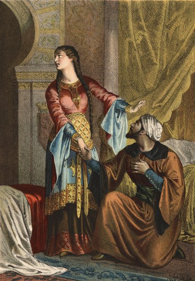Omar, príncipe musulmán, declarando su amor a Sancha Ona, condesa de Castilla. En "El Culto de la Hermosura" de Juan Justo Huguet, Molinas Hermanos editores de Spanish School