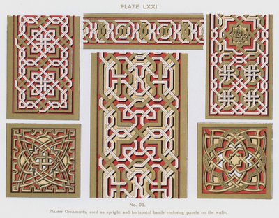 Ornamentos de yeso, utilizados como bandas verticales y horizontales que encierran paneles en las paredes de Spanish School