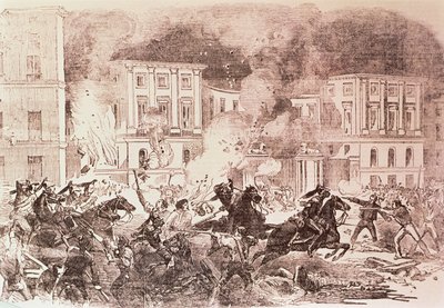 Sublevaciones populistas en Madrid, Los amotinados intentan incendiar el Palacio de la Reina María Cristina en 1854 (lito) de Spanish School
