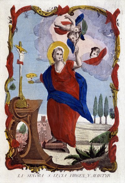 Retrato de Santa Lucía (ojos en un plato y palma de mártir) - grabado español de Spanish School