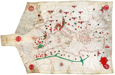 Carta portulana del Mar Mediterráneo y el Atlántico nororiental, se trata del portulano más antiguo de las colecciones del Museo Marítimo Nacional de Spanish School