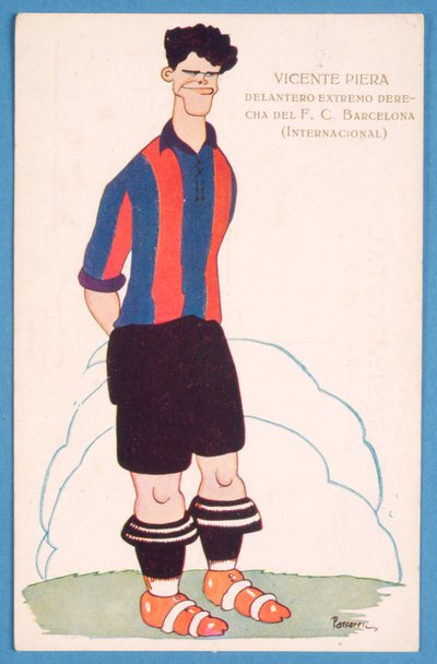 Postal que muestra una caricatura del futbolista español Vicente Piera de Barcelona de Spanish School