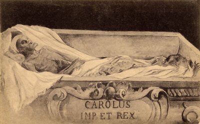 Postal de la momia de Carlos V en el Escorial, Madrid (litografía) de Spanish School
