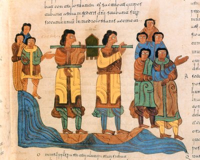 Los sacerdotes llevan el Arca de la Alianza a través del río Jordán, Éxodo 16:6, de la Biblia Visigótica-Mozárabe de San Isidoro, fol.90r., A.D. 960 de Spanish School
