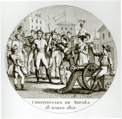Proclamación de la Constitución Liberal del 18 de marzo de 1812, por los patriotas, promulgada en Cádiz por las Cortes de Spanish School