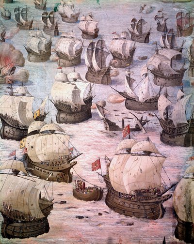 Regata de galeones españoles durante una expedición a las Azores en 1582 bajo Felipe II (1527-1598), Rey de España. Fresco del siglo XVI. Sala de Batallas, Palacio del Escorial, Madrid de Spanish School