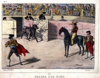 Suelta de toros, corrida en España, litografía s.d. siglo XIX de Spanish School