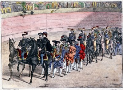 Salida de la cuadrilla, corrida en España, litografía sd. siglo XIX de Spanish School